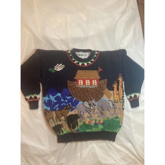 Vintage Early 90s IsKnitCute! Hand Knit Noah’s Ark Sweater. Size 2 = Large - Picture 2 of 12
